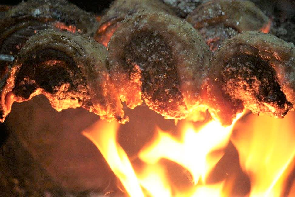 Carne no espeto assando sobre as chamas